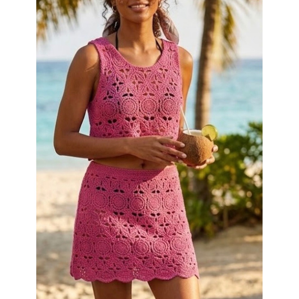 NWT Caroline Constas Pink Crochet Two-Piece Skirt Set Sleeveless Fuchsia Pink M - Picture 1 of 14